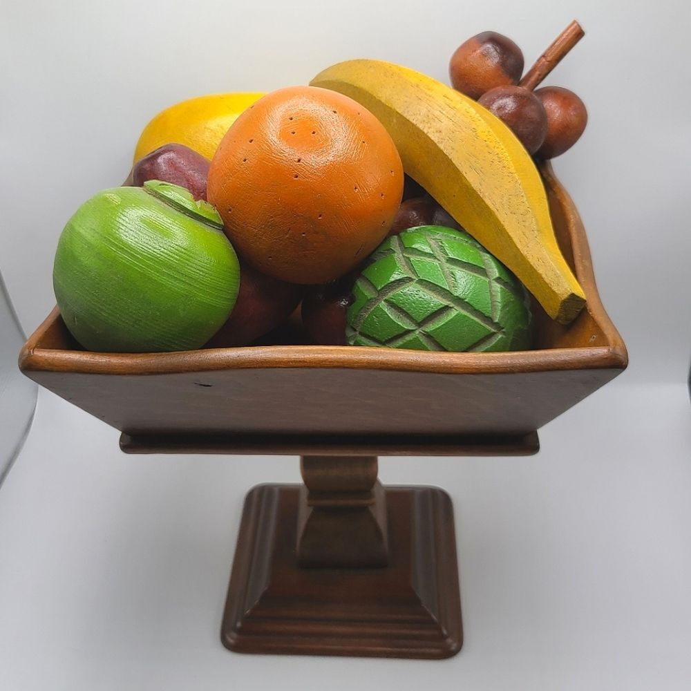 Vintage Pedestal Square Wooden Bowl With Wooden Fruit